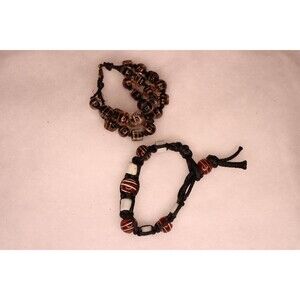 Set of two corded beaded braided bracelets in brown earth tones